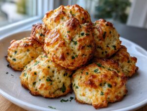 A stack of freshly baked, golden brown Cheddar Bay Biscuits topped with melted cheese and green herbs.