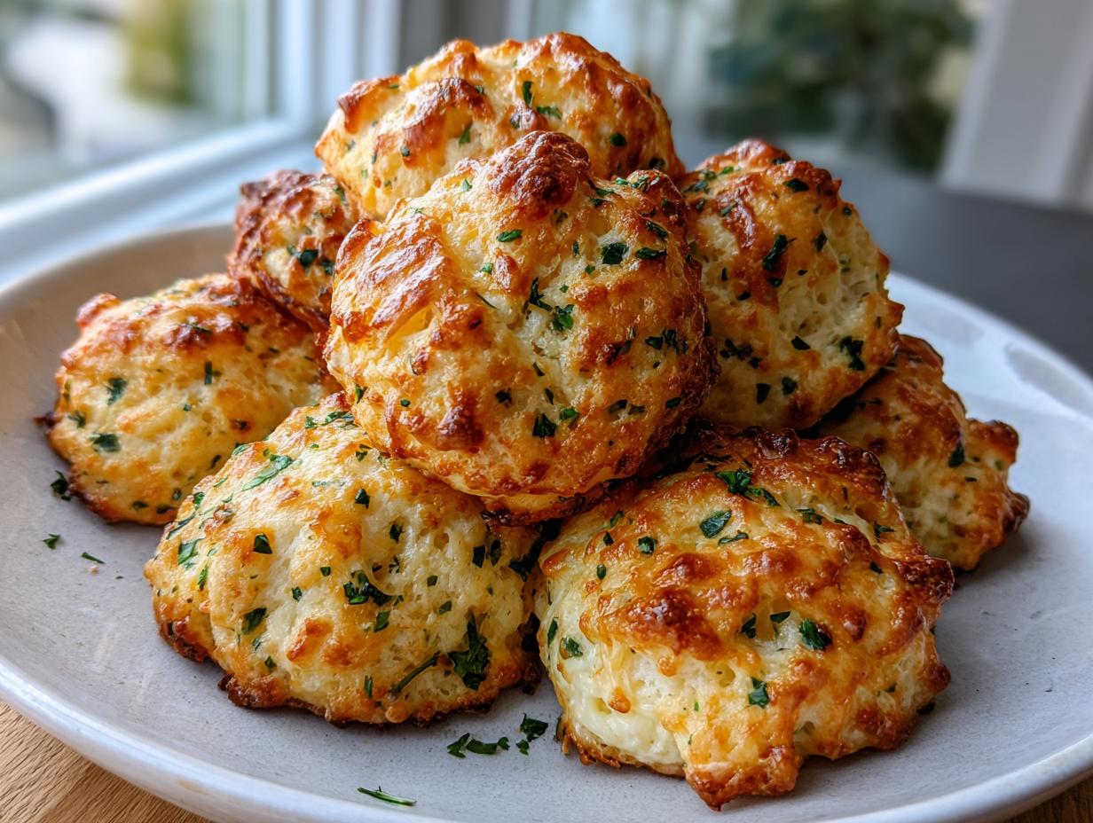 A stack of freshly baked, golden brown Cheddar Bay Biscuits topped with melted cheese and green herbs.