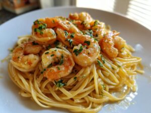 A close-up of delicious shrimp scampi served over linguine pasta, glistening with garlic butter sauce and topped with fresh parsley.