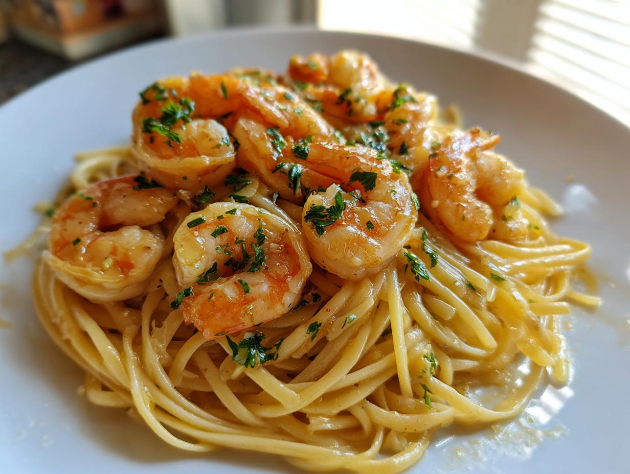 A close-up of delicious shrimp scampi served over linguine pasta, glistening with garlic butter sauce and topped with fresh parsley.