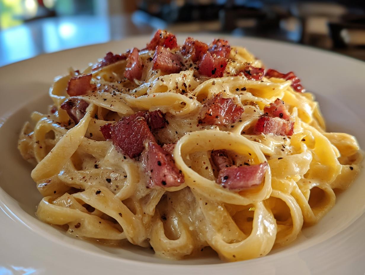 Close-up of a plate of rich Fettuccine carbonara pasta topped with chunks of crispy bacon and black pepper.