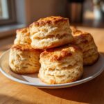 A stack of golden brown, flaky homemade buttermilk biscuits piled on a white plate.