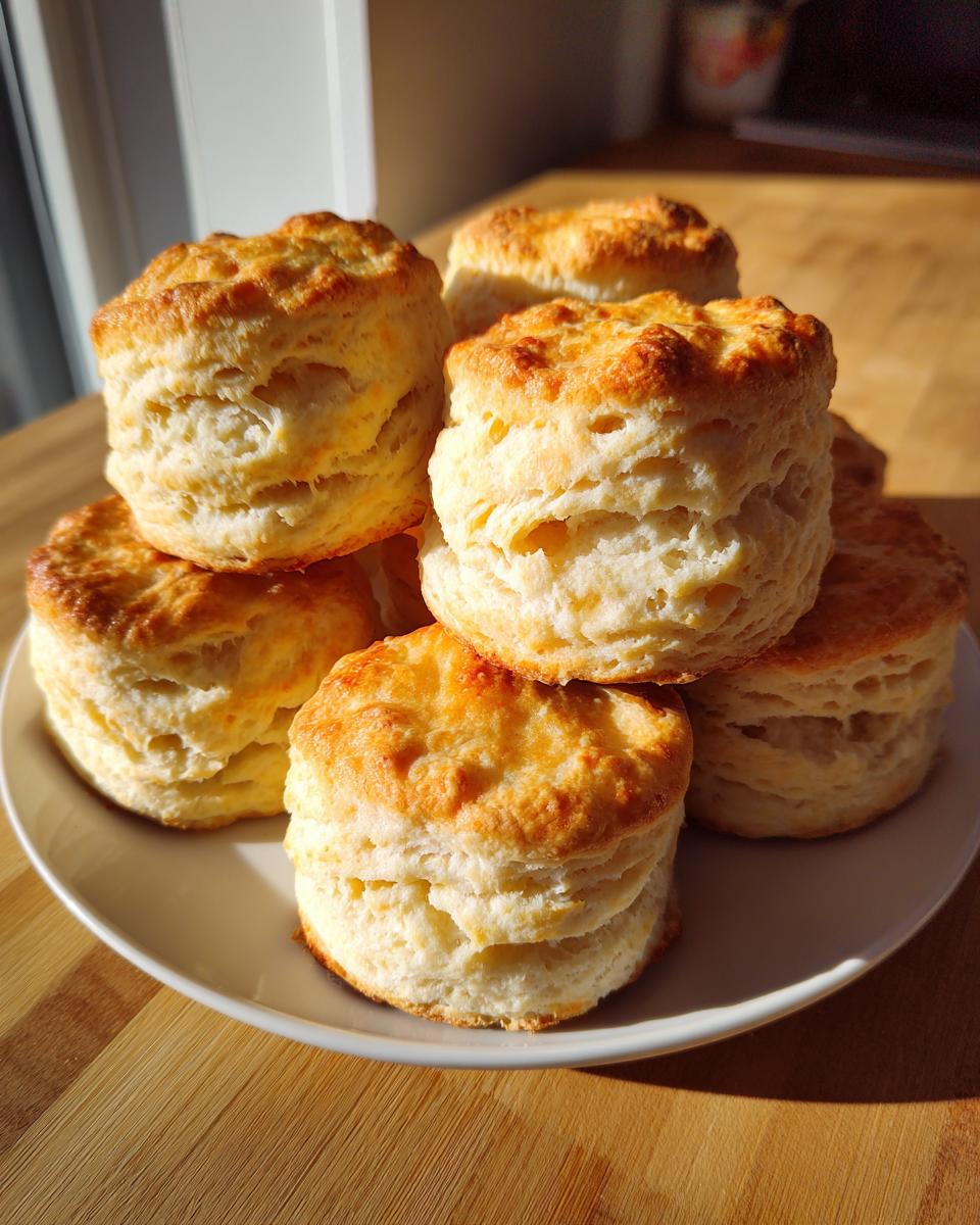 A stack of golden-brown, fluffy homemade buttermilk biscuits piled high on a white plate.