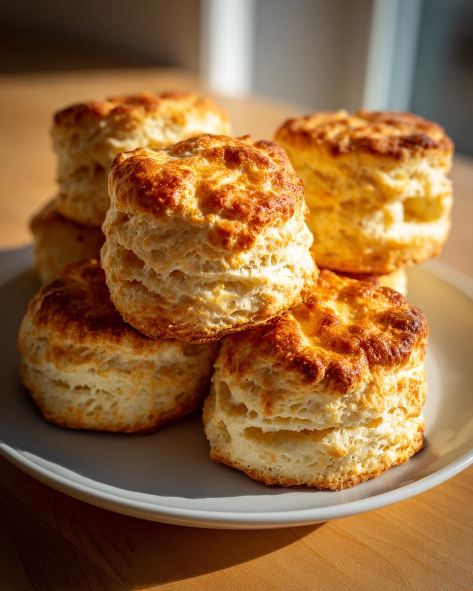 A stack of golden-brown, fluffy homemade buttermilk biscuits piled high on a light gray plate.