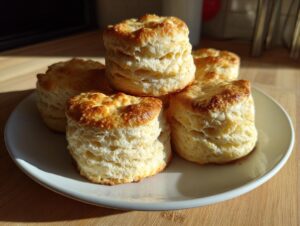 A stack of five golden-brown, fluffy homemade buttermilk biscuits resting on a white plate in warm sunlight.