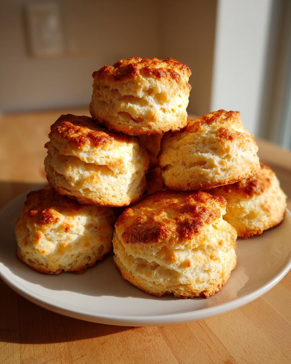 A stack of six golden-brown, fluffy homemade buttermilk biscuits piled on a light plate.