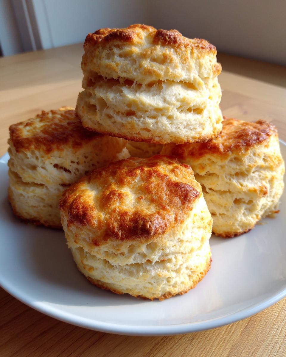 Four golden-brown, flaky homemade buttermilk biscuits stacked on a white plate, showing their layers.