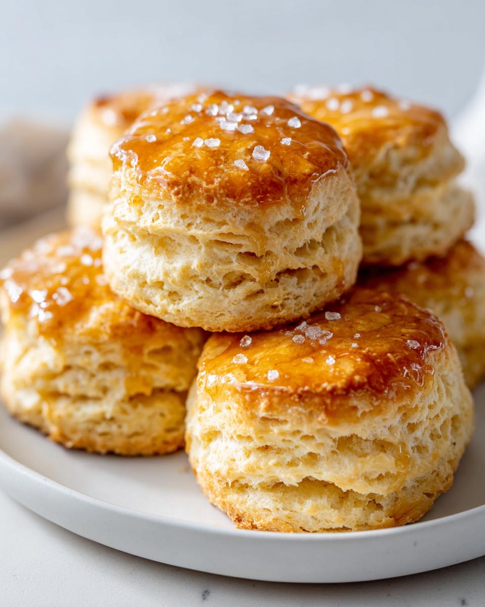 A stack of fluffy, golden-brown Honey Butter Biscuits glazed with honey and topped with coarse sea salt.