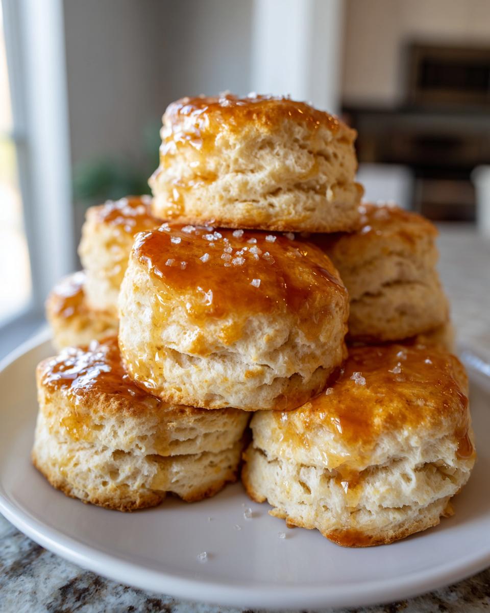 A stack of freshly baked Honey Butter Biscuits drizzled with a shiny honey glaze and sprinkled with sea salt.