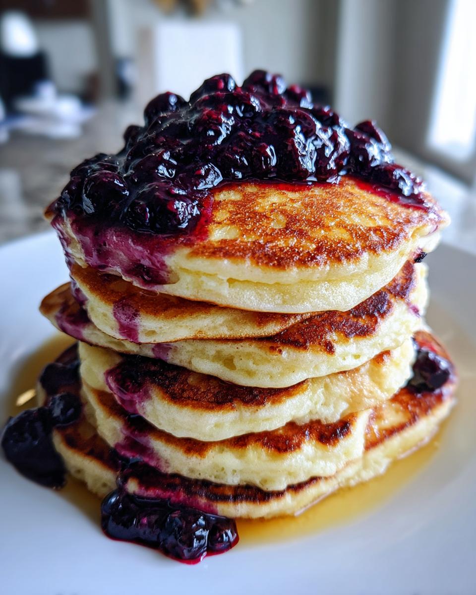 A tall stack of fluffy Lemon Ricotta Pancakes topped generously with dark berry compote and syrup.