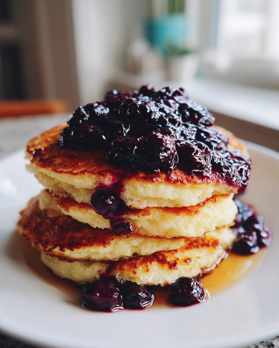 A stack of three fluffy Lemon Ricotta Pancakes topped generously with dark berry compote.