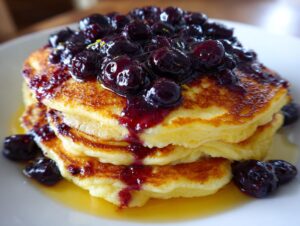 A stack of three fluffy Lemon Ricotta Pancakes topped generously with warm blueberry compote and syrup.