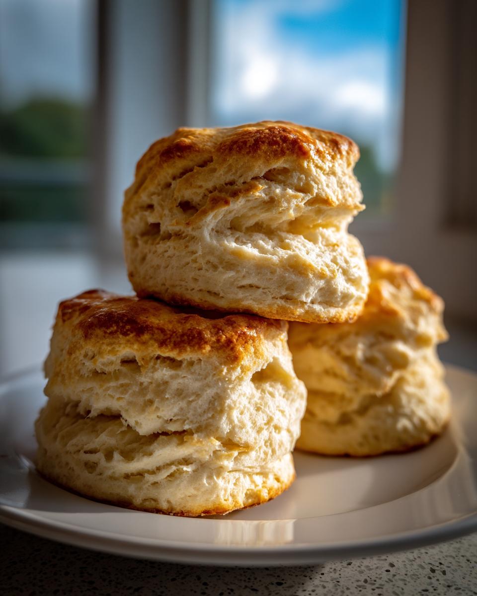 A stack of three golden-brown, flaky sourdough biscuits served on a white plate.