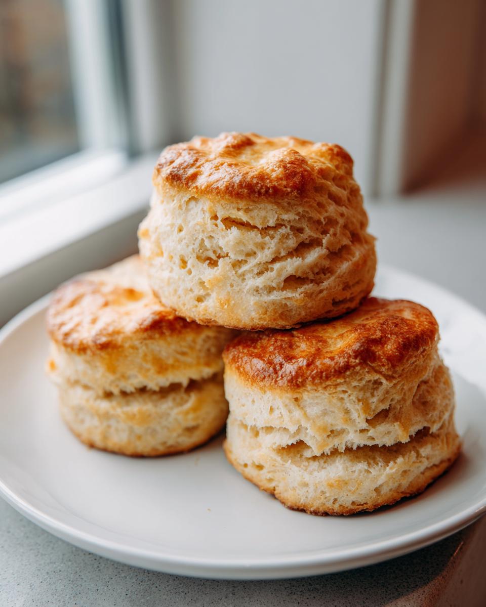 Three tall, flaky sourdough biscuits stacked on a white plate near a window.