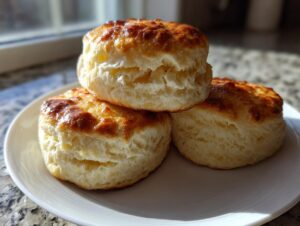 Three golden-brown, fluffy sourdough biscuits stacked on a white plate, ready to eat.