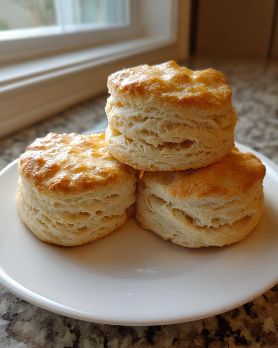 Three tall, flaky sourdough biscuits stacked on a white plate near a window.