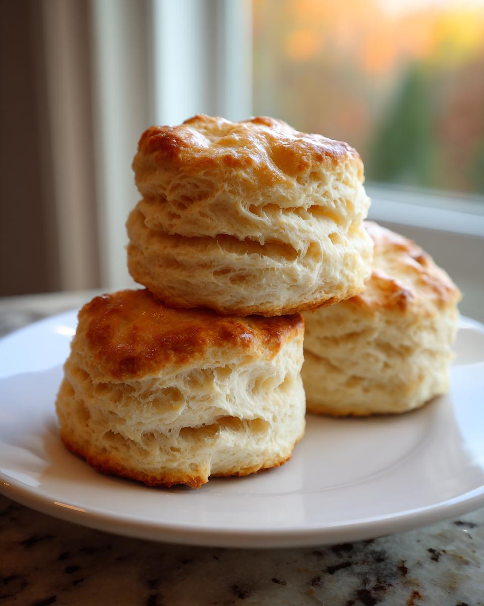 Close-up of three golden-brown, flaky sourdough biscuits stacked on a white plate.
