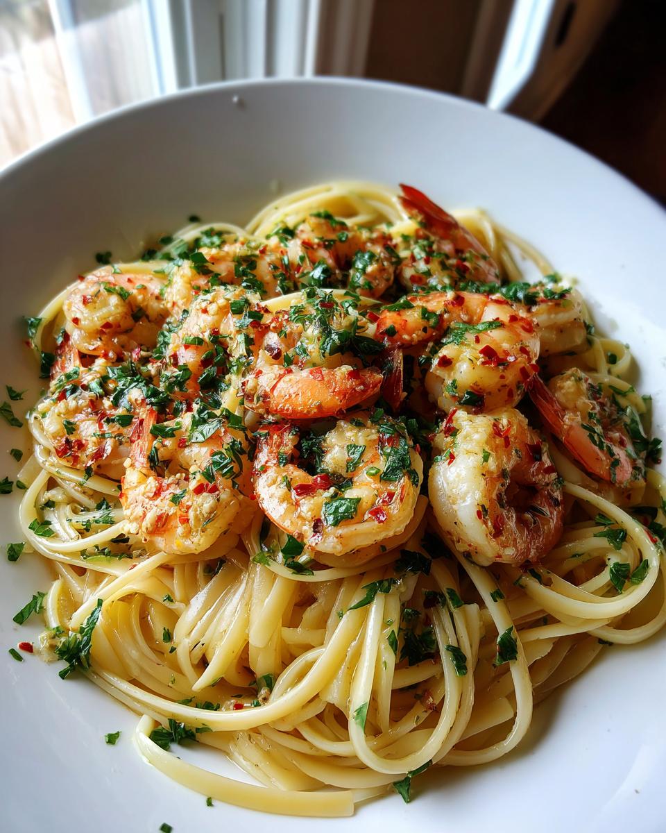 Close-up of delicious shrimp scampi served over linguine pasta, generously topped with parsley and red pepper flakes.