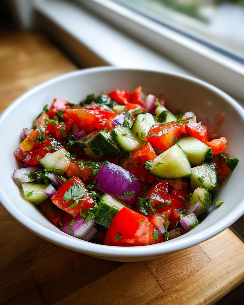Close-up of vibrant Pickle de gallo featuring diced tomatoes, cucumbers, red onion, and herbs in a white bowl.