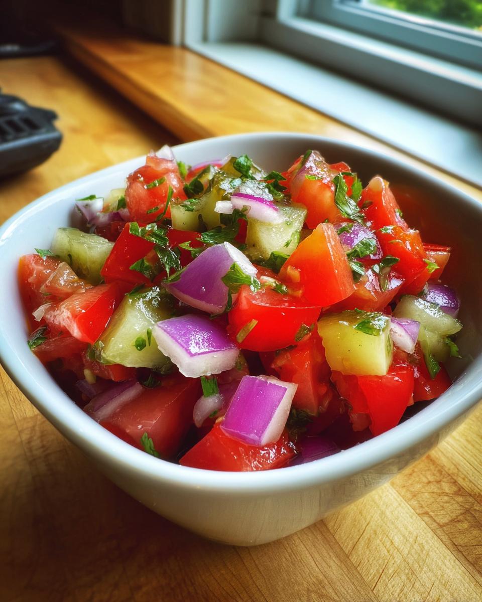 Close-up of vibrant Pickle de gallo featuring diced tomatoes, red onion, and cucumber in a white bowl.