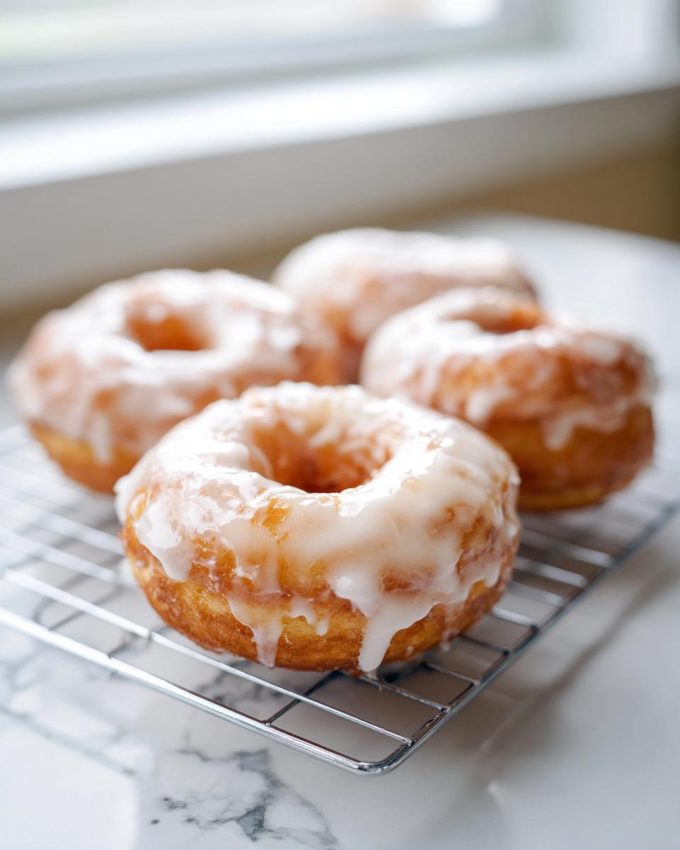 Four freshly made Glazed yeast donuts cooling on a wire rack with a thick, drippy sugar glaze.