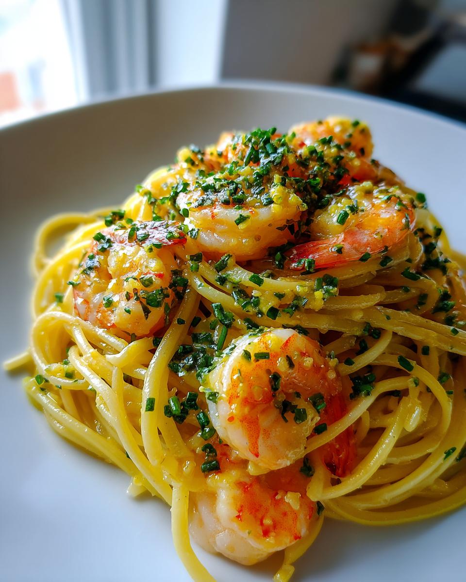 A close-up of a serving of Garlic lemon shrimp pasta tossed in a bright sauce and topped with fresh chives.