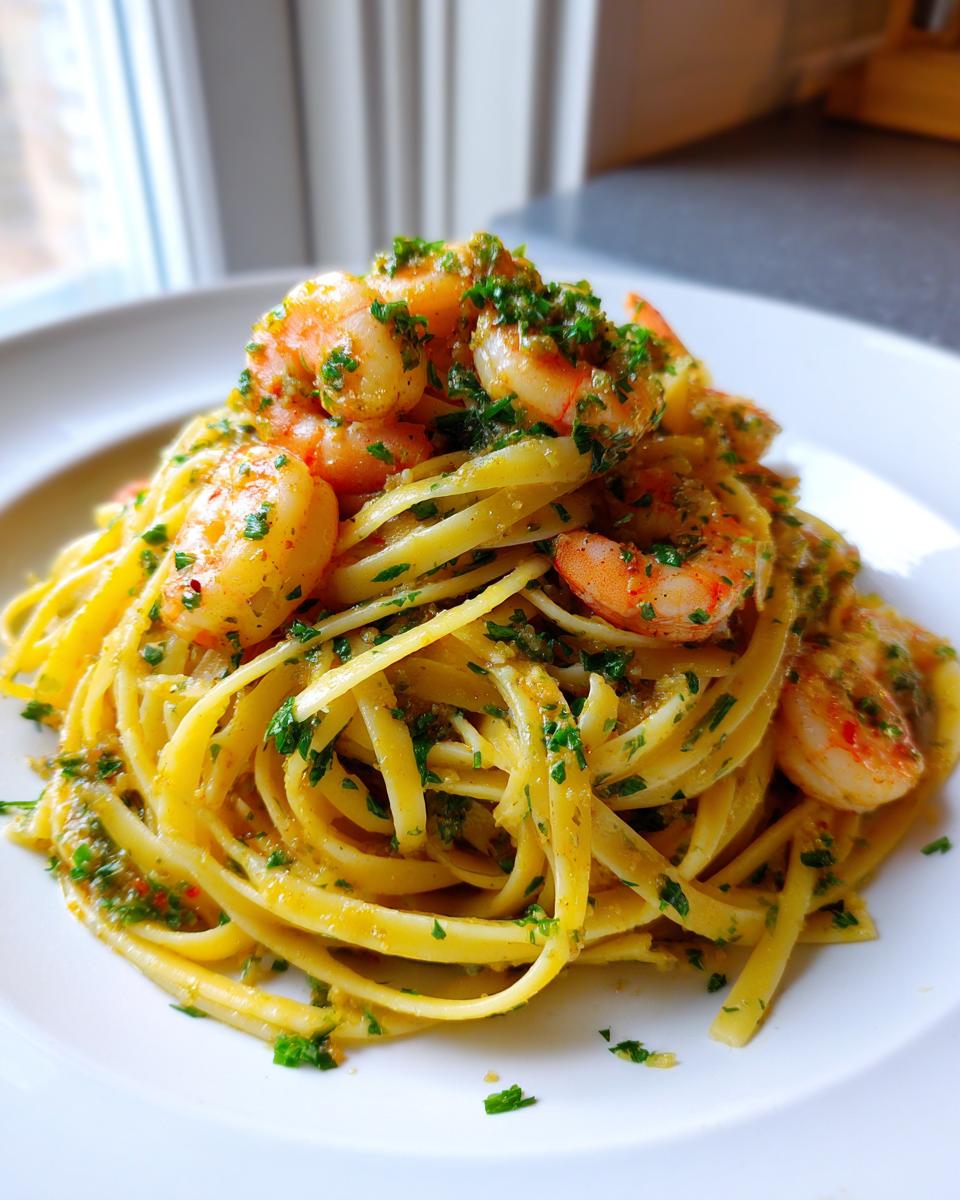 A close-up of a serving of Garlic lemon shrimp pasta, featuring linguine tossed in a bright sauce and topped with seasoned shrimp and fresh parsley.