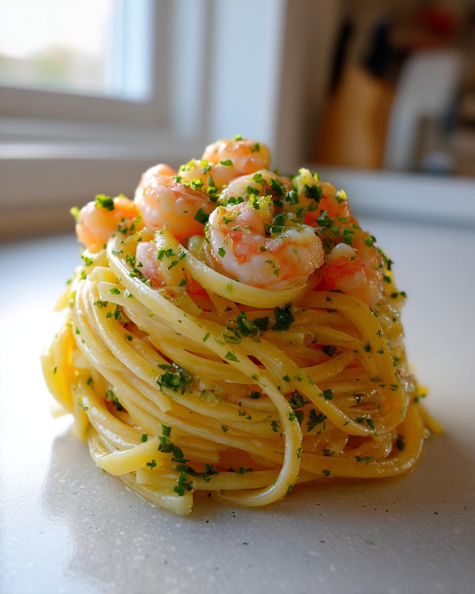 A beautifully plated swirl of pasta topped with pink shrimp and fresh parsley, showcasing the Garlic lemon shrimp pasta.