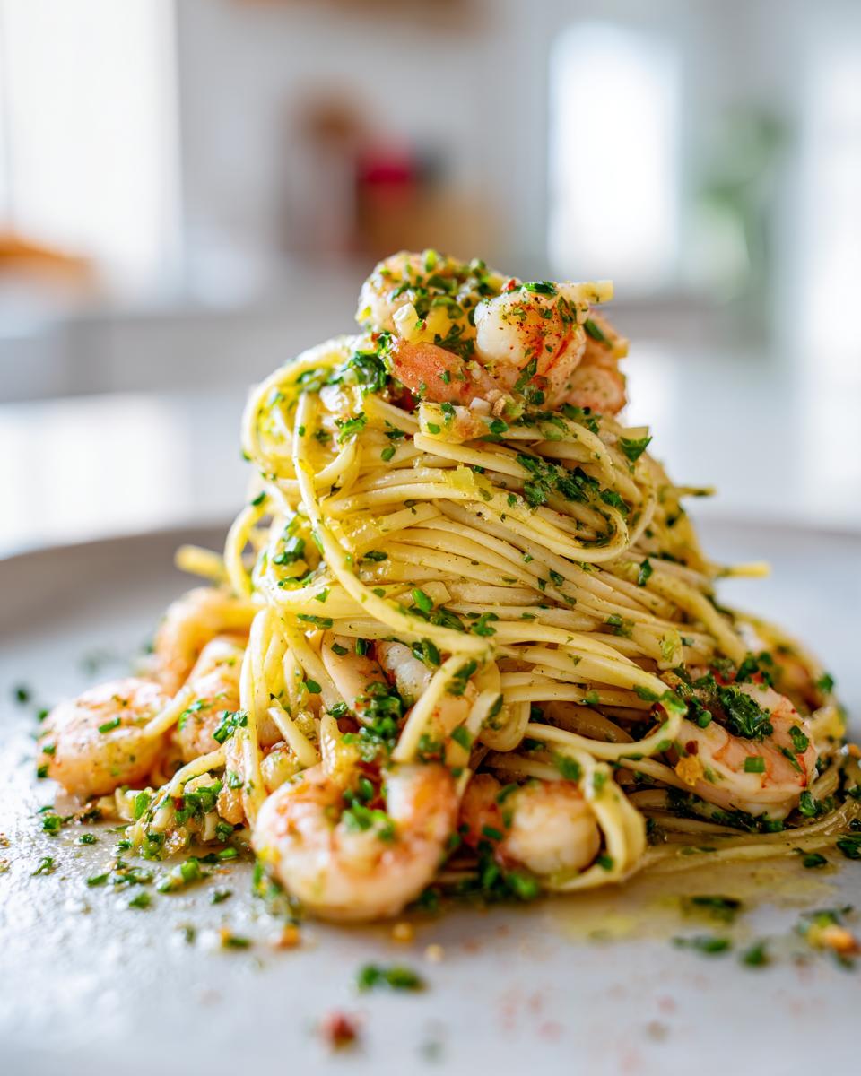 Close-up of a tall serving of Garlic lemon shrimp pasta tossed in a bright, herby sauce with visible shrimp.