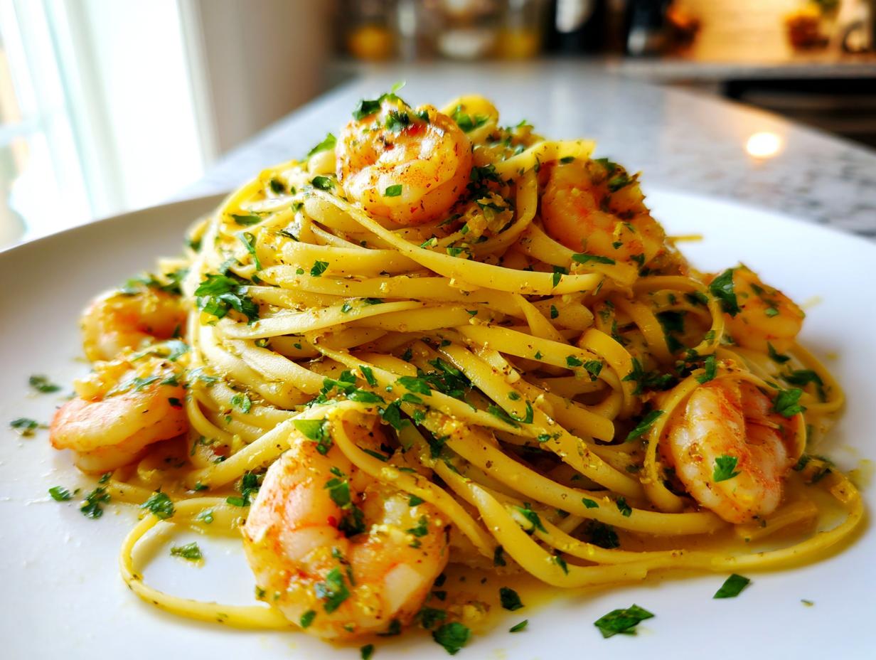 A close-up of a serving of Garlic lemon shrimp pasta featuring linguine tossed in a bright yellow sauce and topped with cooked shrimp and fresh parsley.