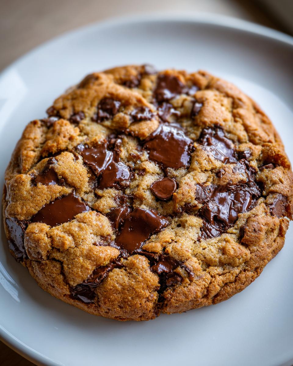 A close-up shot of a freshly baked, thick Giant chocolate chip cookie with melted chocolate chunks on a white plate.