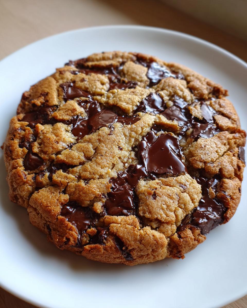 A close-up photo of a freshly baked, gooey Giant chocolate chip cookie covered in melted chocolate chunks, resting on a white plate.