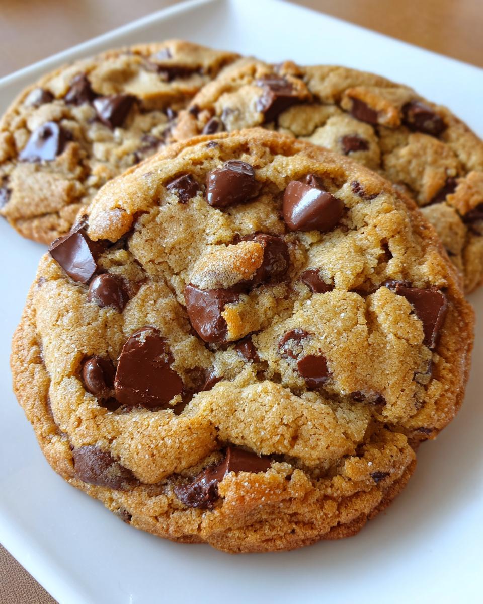 Three freshly baked, large, chewy Giant chocolate chip cookies loaded with melted chocolate chunks on a white plate.