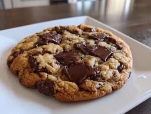 A close-up of one perfectly baked Giant chocolate chip cookies with large, gooey, melted chocolate chunks on top.