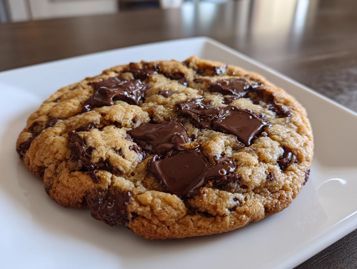 A close-up of one perfectly baked Giant chocolate chip cookies with large, gooey, melted chocolate chunks on top.