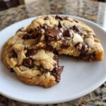 Close-up of a giant chocolate chip cookie broken in half, showing gooey, melted chocolate chips.