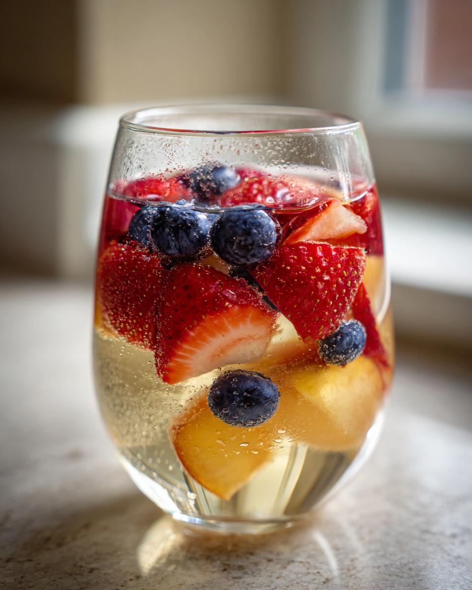 Close-up of a glass filled with sparkling Moscato sangria, loaded with fresh strawberries, blueberries, and peach slices.