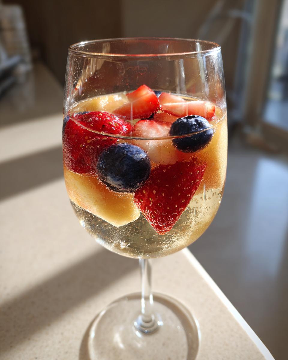 Close-up of a glass filled with sparkling Moscato sangria, loaded with fresh strawberries, blueberries, and peach slices.