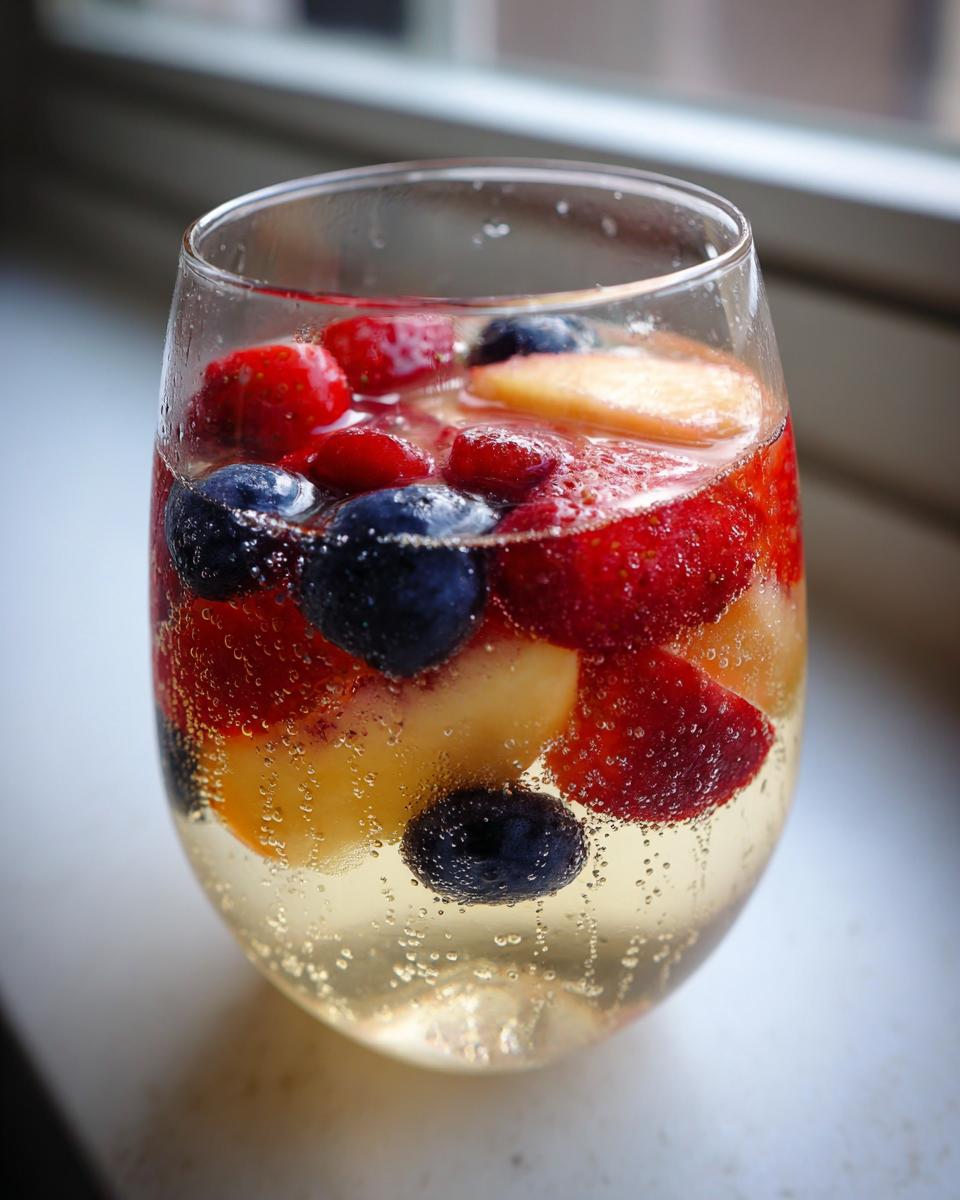 A close-up of a glass filled with sparkling Moscato sangria, loaded with fresh blueberries, strawberries, and peach slices.