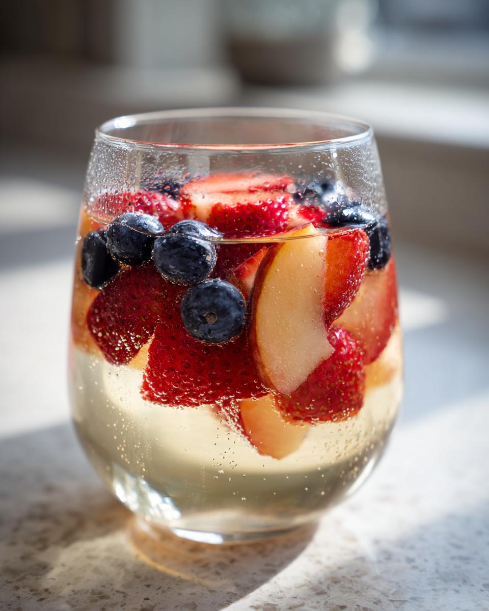 Close-up of a glass filled with bubbly Moscato sangria, loaded with fresh strawberries, blueberries, and peach slices.