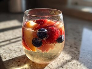 Close-up of a glass filled with bubbly Moscato sangria, featuring strawberries, blueberries, and peach slices.