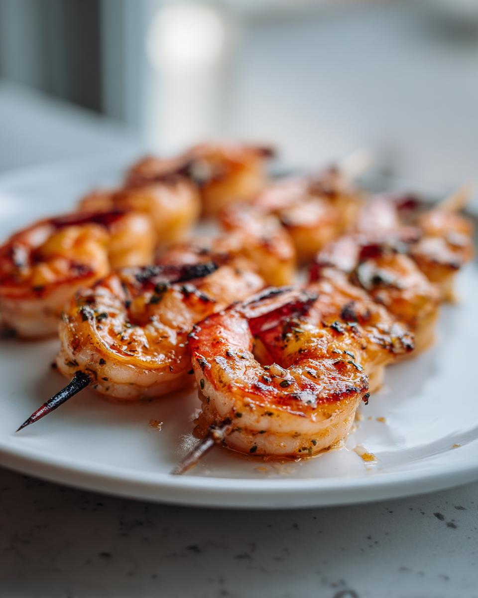 Close-up of juicy, glazed grilled shrimp skewers seasoned with herbs, resting on a white plate.