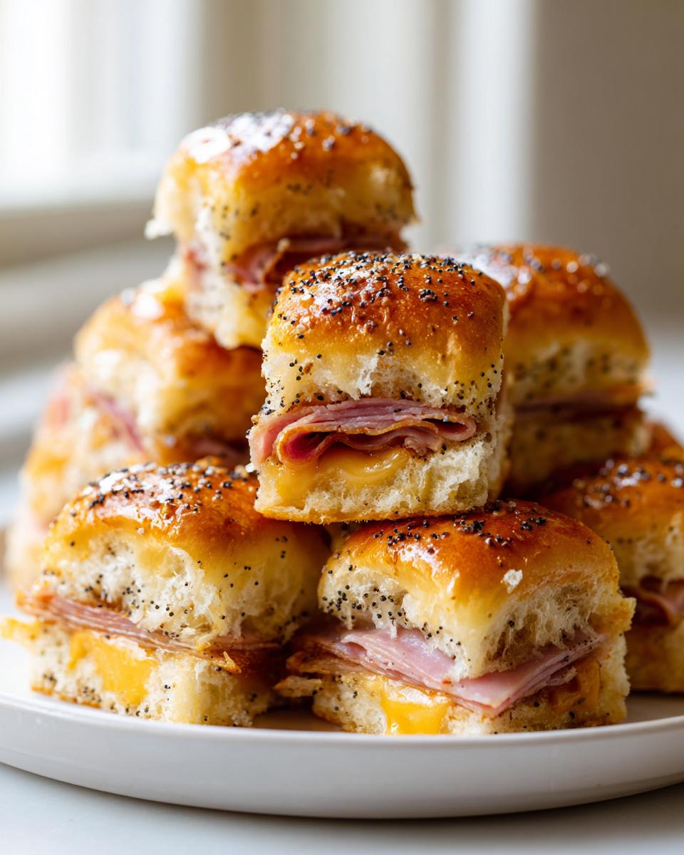 A tempting stack of freshly baked ham and cheese sliders topped with a glossy glaze and poppy seeds.