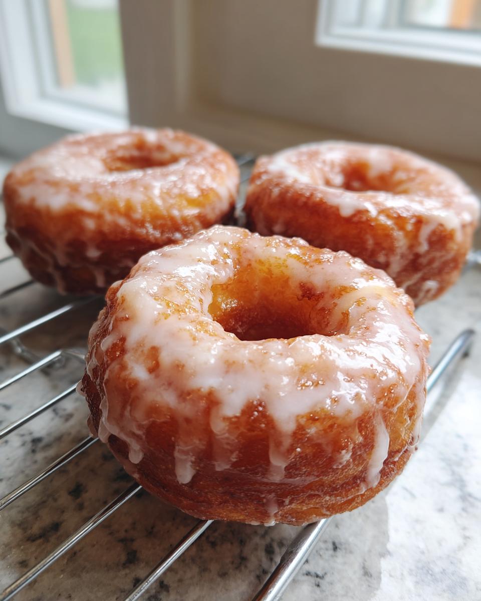Close-up of three freshly made Glazed yeast donuts dripping with white icing, resting on a wire cooling rack.