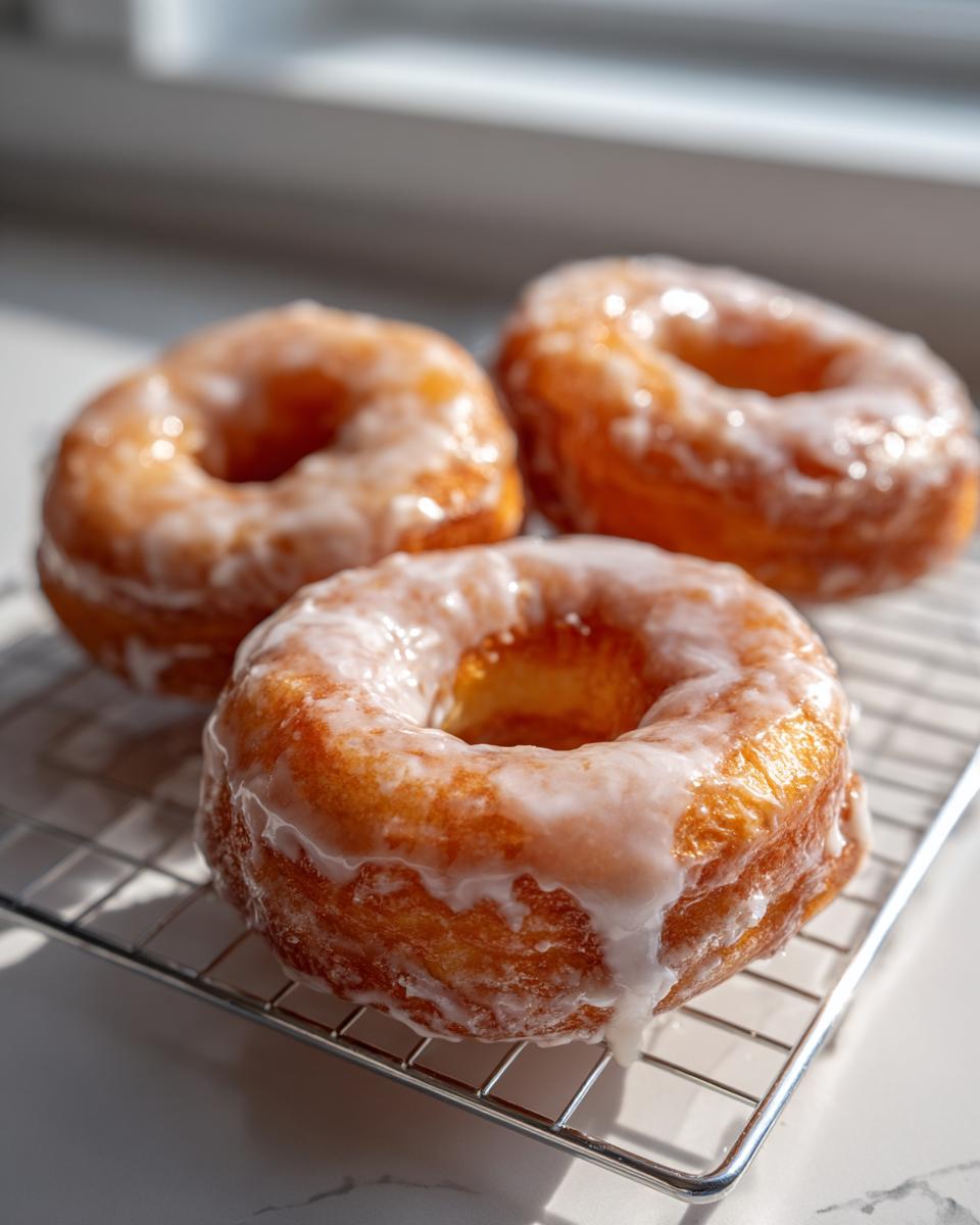 Three freshly made Glazed yeast donuts resting on a metal cooling rack with a thick white glaze dripping down the sides.
