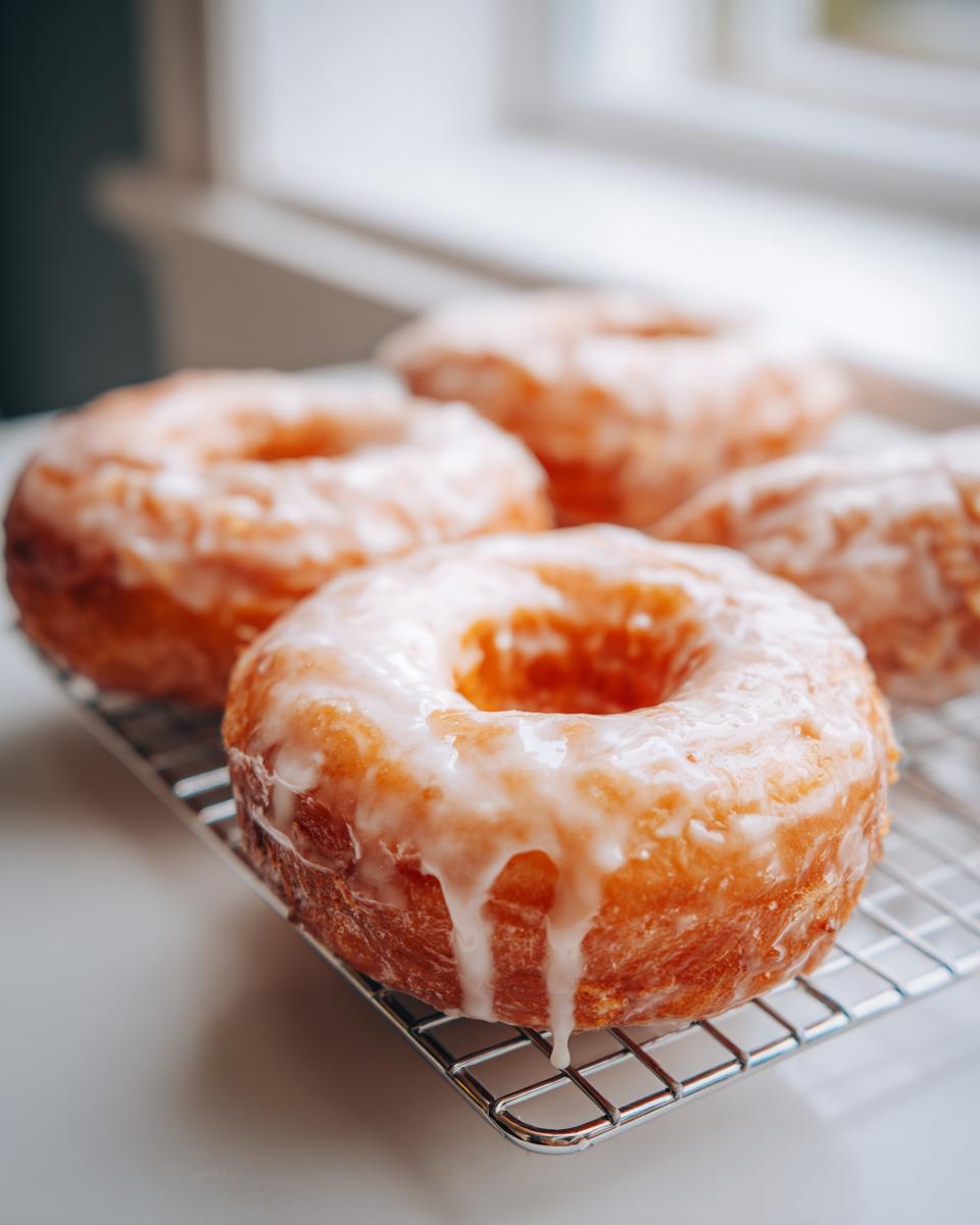 Close-up of several freshly made glazed yeast donuts cooling on a wire rack near a bright window.