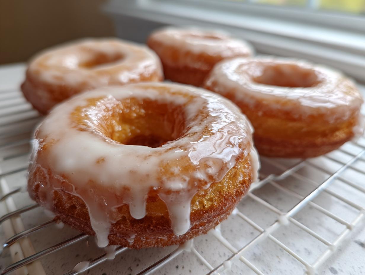 Four freshly made glazed yeast donuts cooling on a wire rack, featuring thick, dripping white icing.