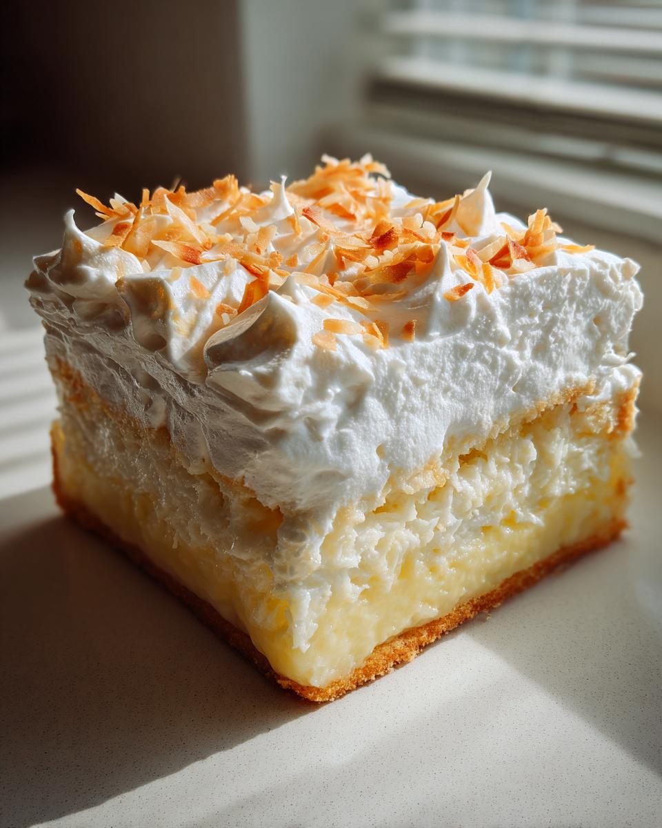 A square slice of rich Coconut cream pie featuring a thick custard layer, whipped topping, and toasted coconut flakes.