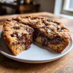 A thick, round Chocolate chip cookie cake with a slice removed, revealing a molten, gooey chocolate center.