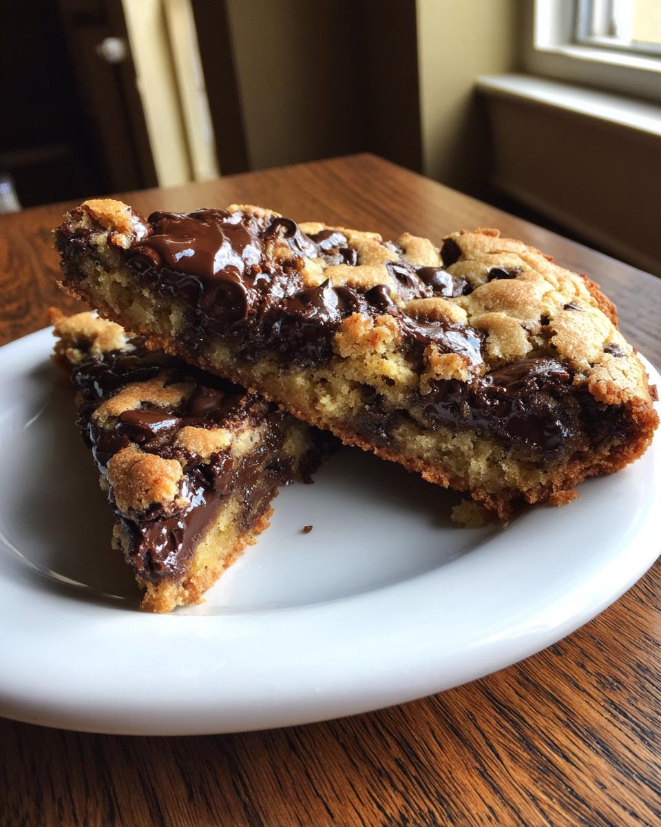 Two gooey slices of rich Chocolate chip cookie cake stacked on a white plate, featuring melted chocolate chips.